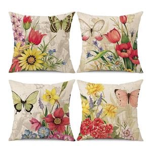 Catzon 4 Pcs Linen Throw Pillow Covers Watercolor Flower for Bed Sofa Decor 50X50cm