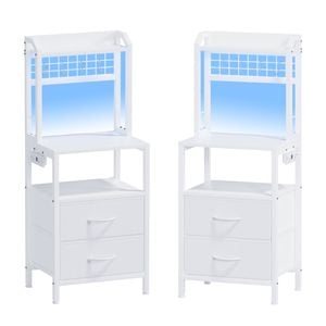 Advwin 2xtall Bedside Table With Charging Station And Led Lights, Nightstand With 2 Drawers White
