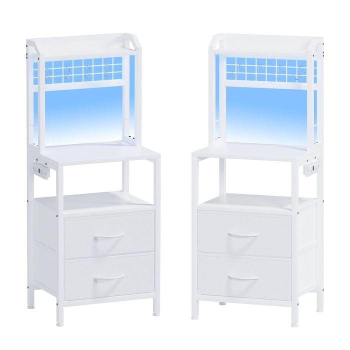 Advwin 2xtall Bedside Table With Charging Station And Led Lights, Nightstand With 2 Drawers White