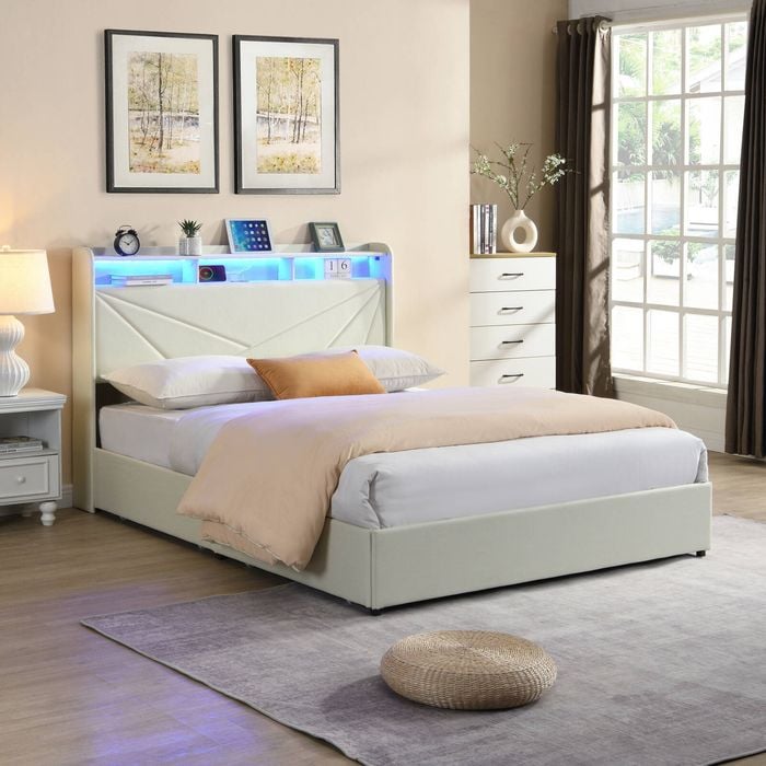 HOMFURN Double Size Upholstered Bed Frame with 4 Storage Drawers, USB Charging Station and Led Lights