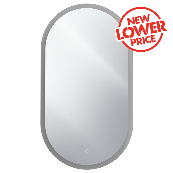 Mondella 500 x 900mm Pill Shaped Frameless LED Mirror With Frosted Edge and Touch Switches for CCT + Dimmable + Defogger