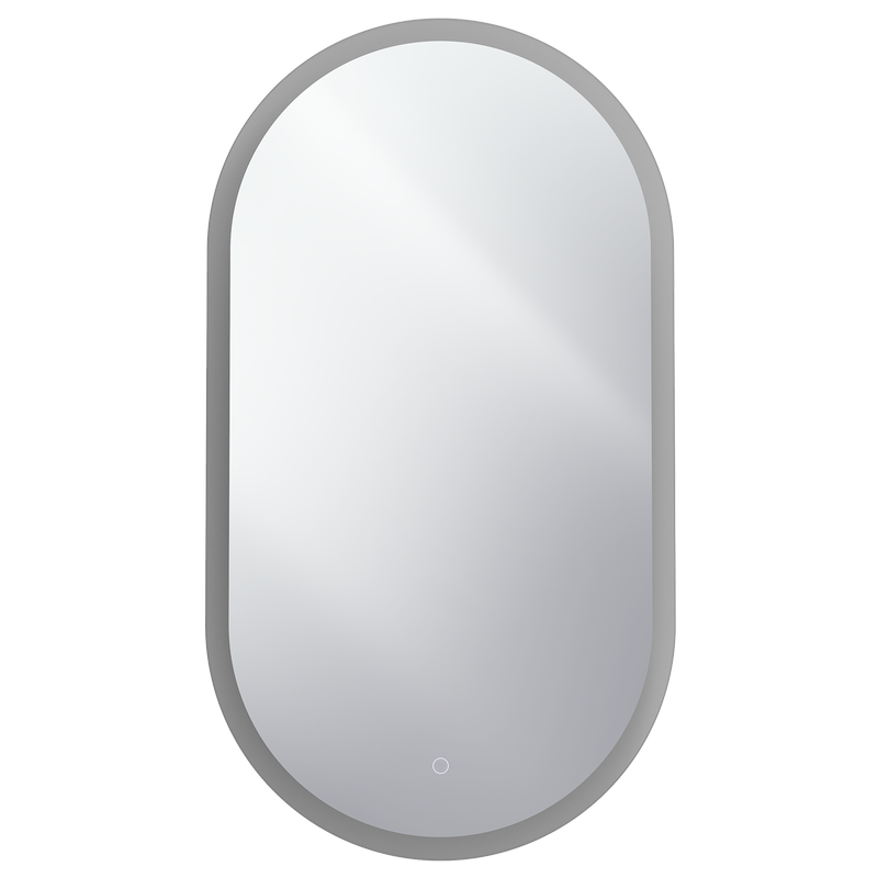Mondella 500 x 900mm Pill Shaped Frameless LED Mirror With Frosted Edge and Touch Switches for CCT + Dimmable + Defogger