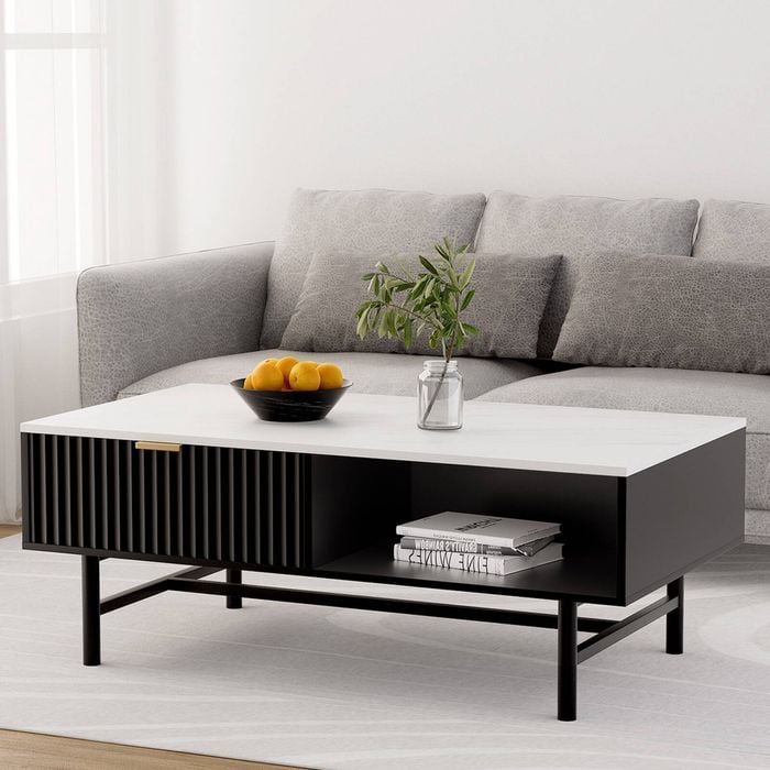 Homfurn Coffee Table – Marble-patterned Top, Drawer & Shelf Storage, Black, 50kg Capacity Coffee Table