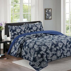 Bloomington 100% Cotton Lightly Quilted Coverlet Set Jardin Navy Queen