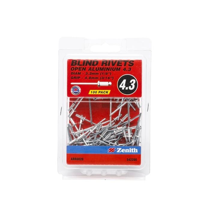 Zenith Blind Rivet Open Alum 1/8"D x 3/16"G 100pk