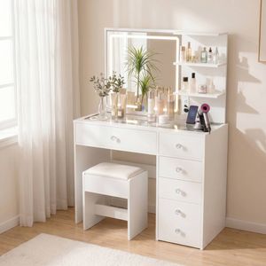 Advwin Dressing Table Stool Set Charging Station Lights Glass Tabletop Vanity Desk White