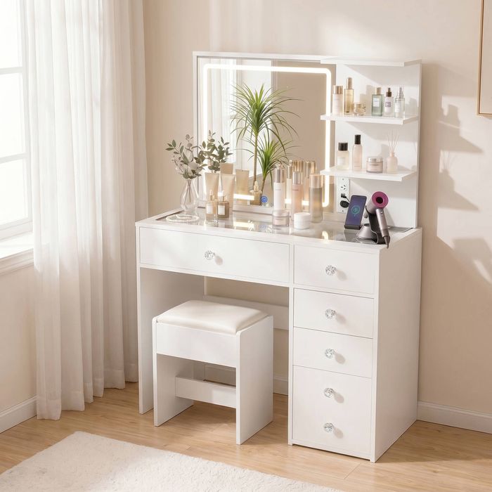 Advwin Dressing Table Stool Set Charging Station Lights Glass Tabletop Vanity Desk White