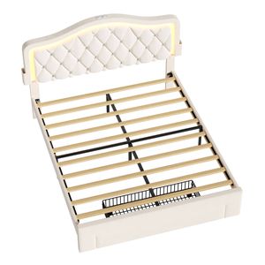 Ufurniture Adjustable Headboard Bed Frame with Drawer and Sockets Double Beige