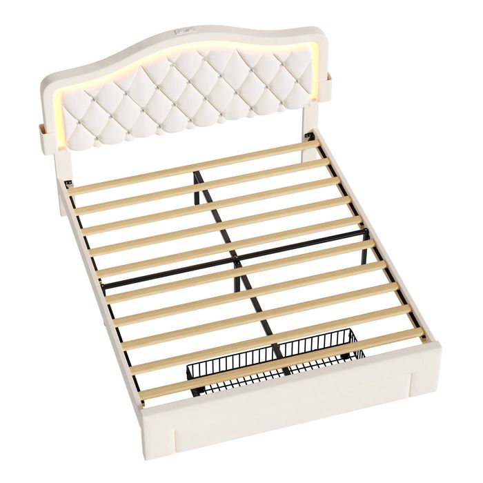 Ufurniture Adjustable Headboard Bed Frame with Drawer and Sockets Double Beige