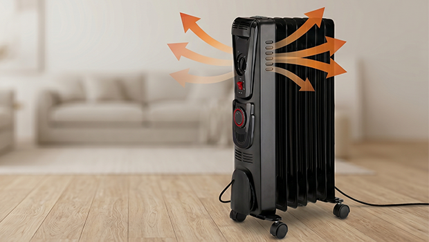 A black electric heater in the foreground of a living room with arrows demonstrating the different directions the heat can blow in.