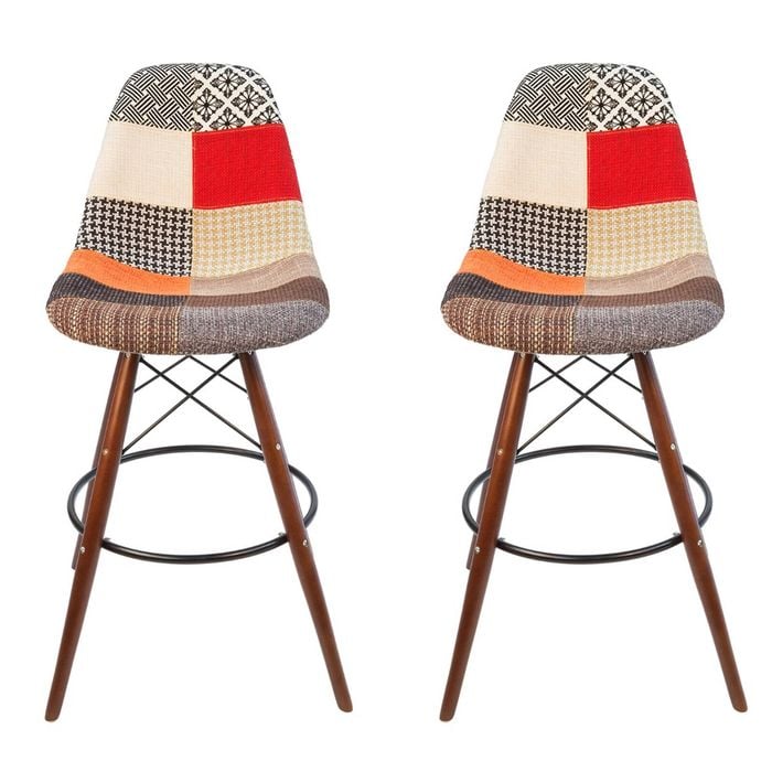 SK Designer Living | Pack of 2 | Replica Eames DSW Stool | Fabric & Walnut - Multicoloured V2