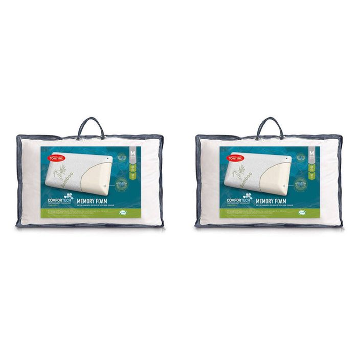 2PK Tontine Comfortech Bamboo Cover Memory Foam Pillow Medium Height White