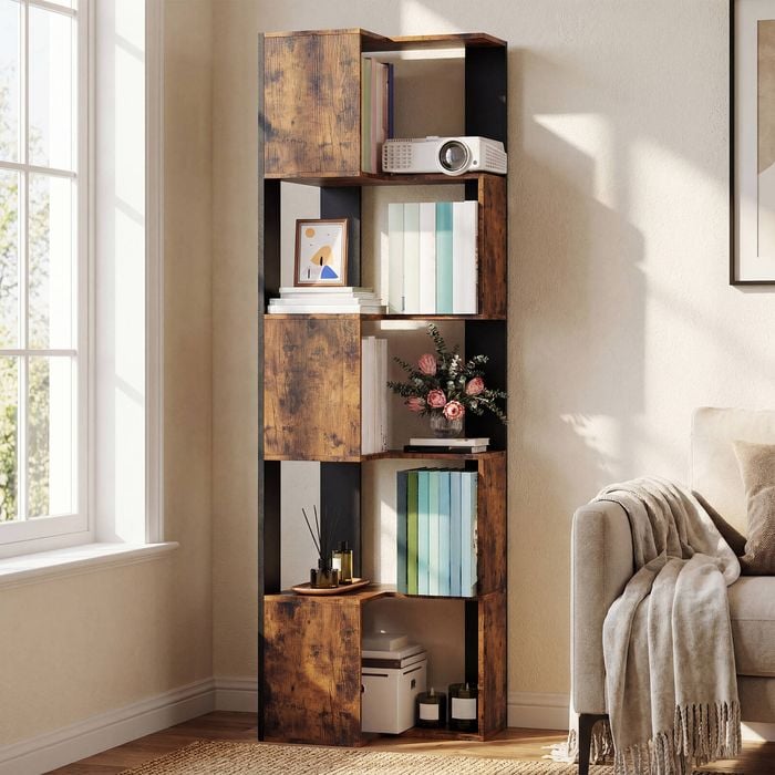 Advwin 5-Tier Corner Cube Bookshelf 160cm Tall Corner Bookcase Display Rack Storage Shelves Walnut