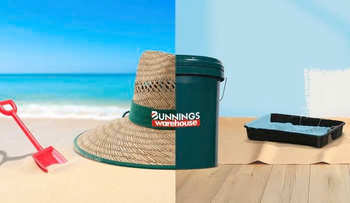 Beach and Bunnings hat and Bunnings bucket and paint tray.
