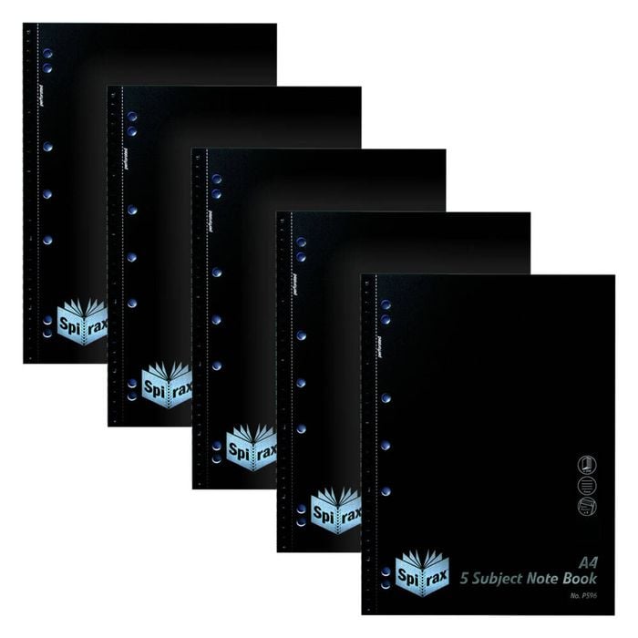 5pc Spirax P596 Pp 5 Subject Notebook A4 Writing Stationery 250-pages Black