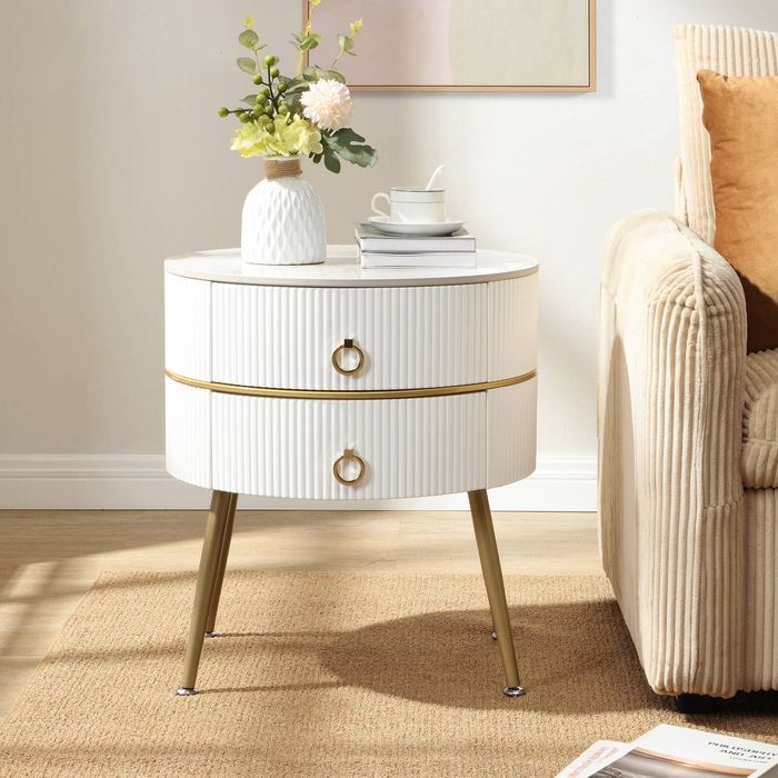 Homfurn Round Nightstand with 2 Drawers, End Table with Sintered Stone Top, Bedside Table with White Fluted Frame
