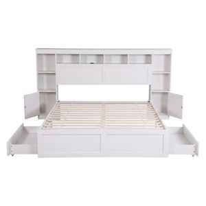 Artiss Queen Bed Frame with Storage Bookcase Headboard, USB & Type-C Ports White