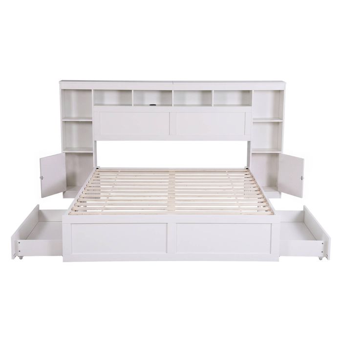 Artiss Queen Bed Frame with Storage Bookcase Headboard, USB & Type-C Ports White