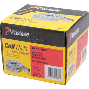 Paslode 52 x 2.5mm 15 Degree Stainless Steel Dome Head Plastic Collated Coil Nail - 400 Pack
