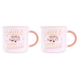 2PK Splosh Caravan Fuelled By Ceramic Coffee Mug 390ml/10cm Camping Cup Pink