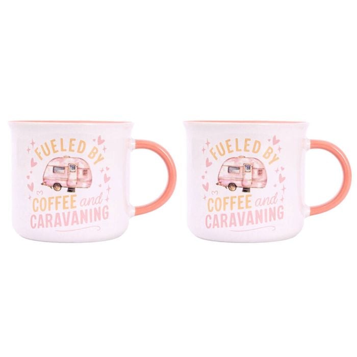 2PK Splosh Caravan Fuelled By Ceramic Coffee Mug 390ml/10cm Camping Cup Pink