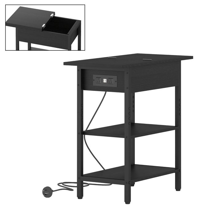 Advwin Side Table Flip Top Sofa End Table w/ Charging Station Narrow Bedside Table Black