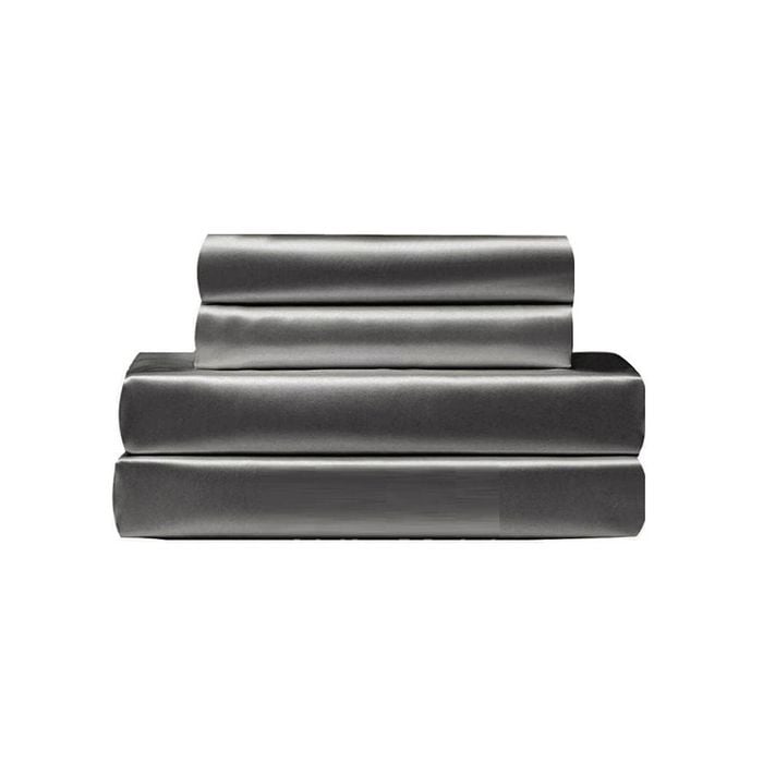 1800TC Art Silk Satin Pillowcase Fitted Sheet Set, Single Size Gray Super King