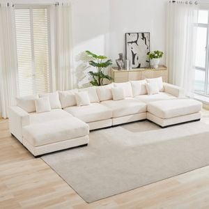 Homfurn 421cm Oversized 4 Seater Modular Sofa with Chaise, Corduroy Large Sectional Couches with 2 Footstools