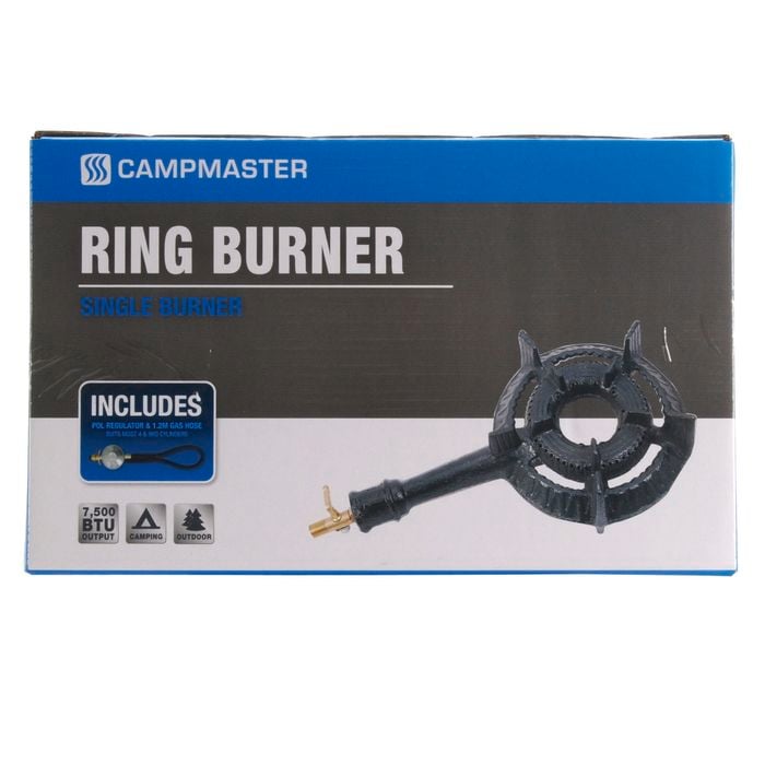 Campmaster 200mm Single Cast Iron Gas Ring Burner With QCC Regulator