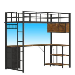 Ufurniture Loft Bed with Power Outlet Single LED Metal Bed with L-Shaped Desk Drawers and Open Shelves Heavy Duty Black
