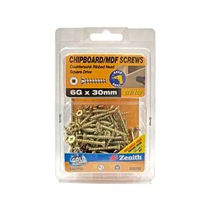 Zenith 6G x 30mm Gold Passivated Square Drive Chipboard Screw - 100 Pack