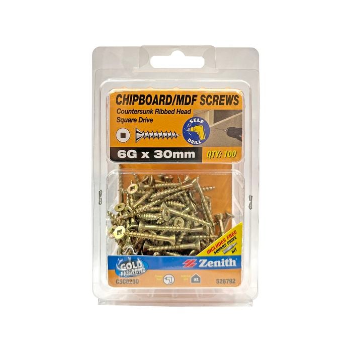 Zenith 6G x 30mm Gold Passivated Square Drive Chipboard Screw - 100 Pack