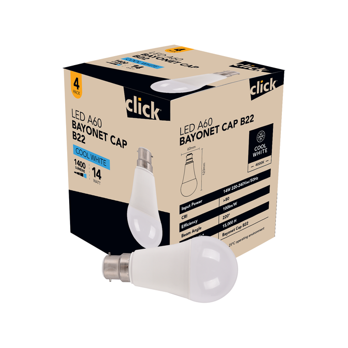 Click A60 BC LED 1400lm Cool White 14W Globe - 4 Pack
