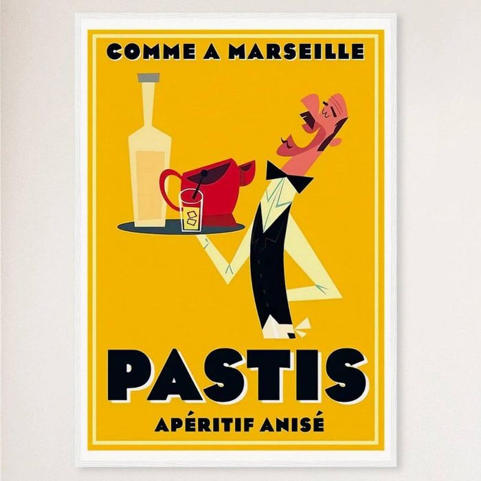 Galrie Comme et Marseilles Pastis Retro Print- French Vintage Poster Décor Art, White Frame, 50 x 70cm (20 x 28inch)