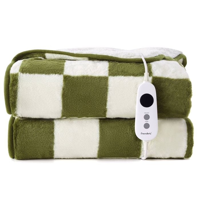 Dreamaker Checkered Plush Reversible Sherpa Washable Electric Heated Throw Blanket Olive & Cream - 180 X 200cm | 9 Heat Settings