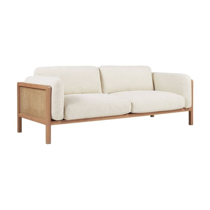 Killara Indoor Cream Boucle Couch Fabric And Timber 3 Seat Rattan Lounge Sofa