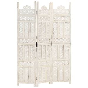 vidaXL Solid Mango Wood Hand carved 3-Panel Room Divider White Privacy Screen