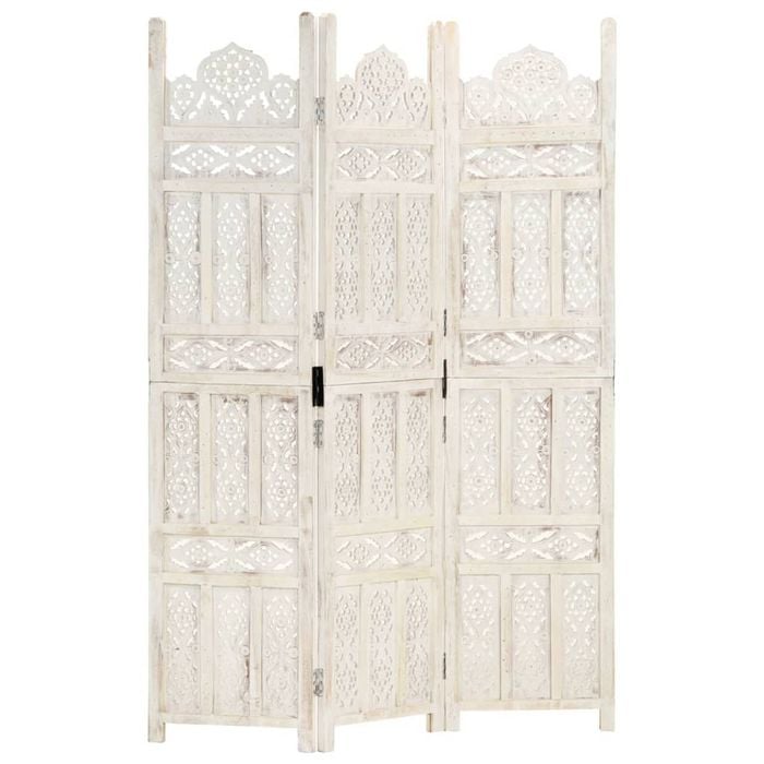 vidaXL Solid Mango Wood Hand carved 3-Panel Room Divider White Privacy Screen