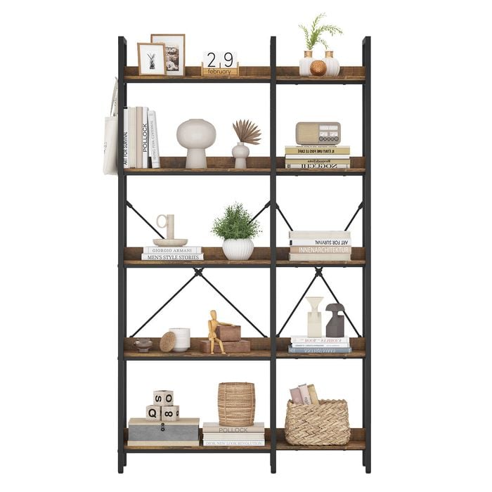 Ufurniture 5-Tier Convertible Bookshelf Corner Storage Bookcase w/Hooks, Wooden Display Rack Shelf Walnut