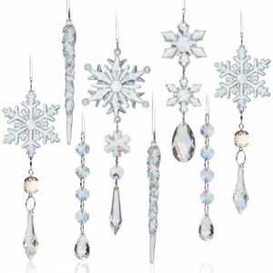 P&P Silver Crystal Acrylic Christmas Xmas Tree Icicle Snowflake Ornaments Set 18pc Decor