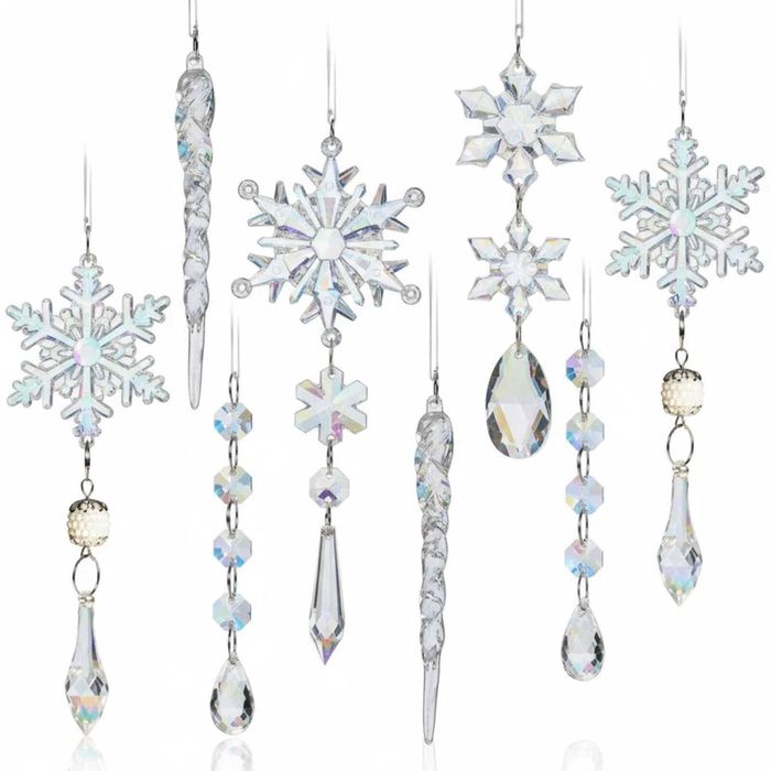 P&P Silver Crystal Acrylic Christmas Xmas Tree Icicle Snowflake Ornaments Set 18pc Decor