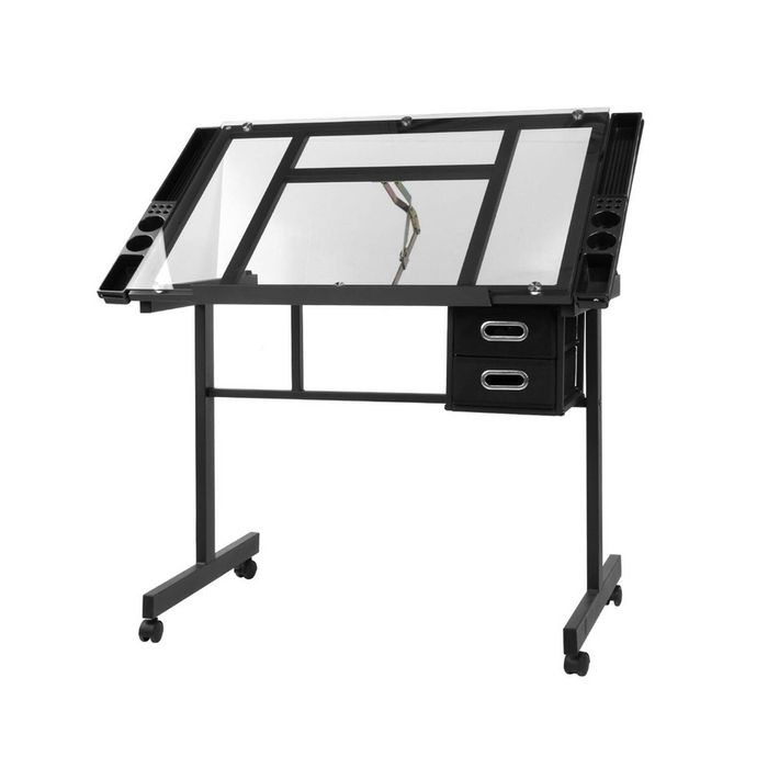 Artiss Drawing Desk Drafting Table Craft Adjustable Glass Art Tilt Drawers Black