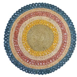 Handwoven Round Natural Jute Rug - 1087 - Natural/blue - 120x120cm