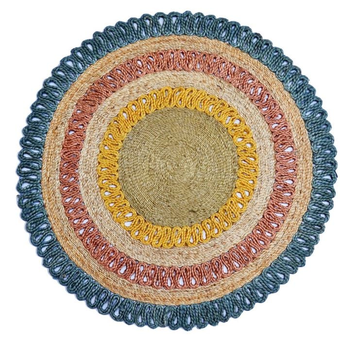 Handwoven Round Natural Jute Rug - 1087 - Natural/blue - 120x120cm