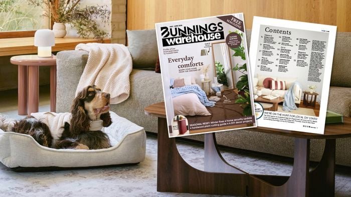 Living room interior with a dog lying on a cushion near a sofa and coffee table, alongside the May/June Bunnings Warehouse magazine and contents spread.