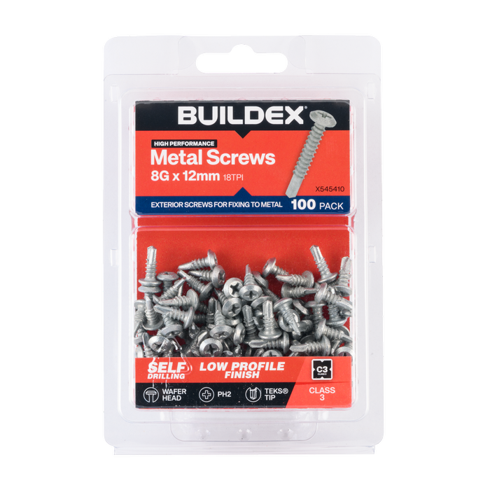 Buildex 8G x 12mm Class 3 Wafer Head Sheet Metal Screws - 100 Pack