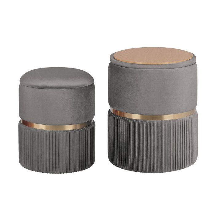 La Bella Grey 2 Set Side Table Storage Ottoman - Velvet Stool Vanity Footstool REMI