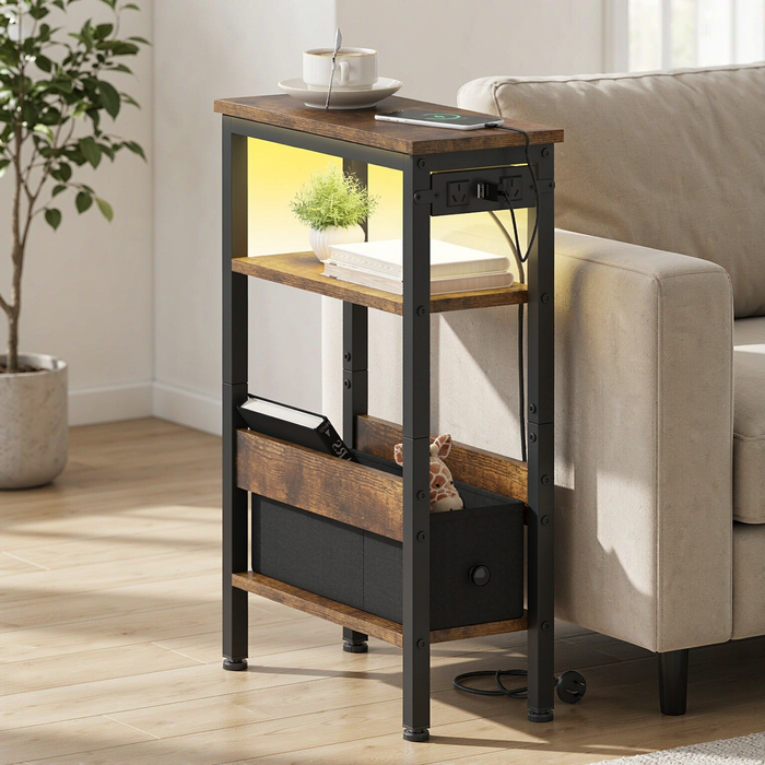 Ufurniture Side Table with Charging Station Narrow LED Bedside End Table with topless Drawer & Shelf Walnut