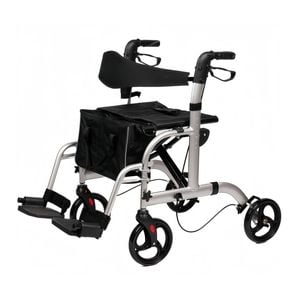 Livingstone 2-in-1 Transit Rollator Walker Wheelchair 4 Wheel Padded Backrest And Seat Bag Silver