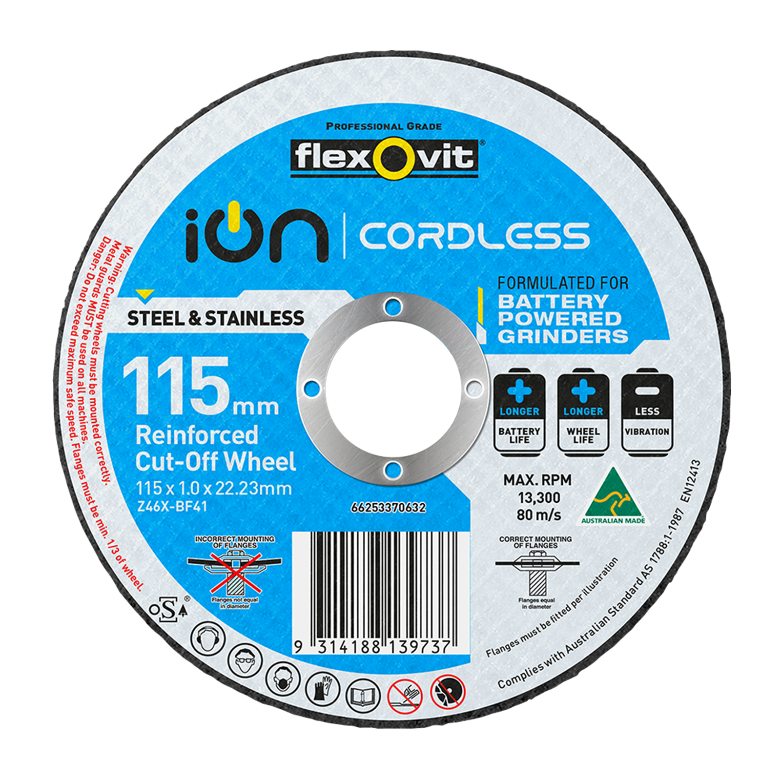 Flexovit 115 x 1 x 22.2mm Ion Cordless Reinforced Cut Off Wheel product image